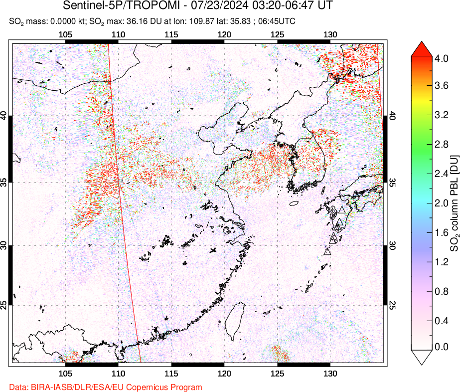 A sulfur dioxide image over Eastern China on Jul 23, 2024.