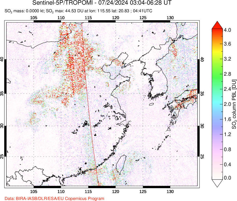 A sulfur dioxide image over Eastern China on Jul 24, 2024.