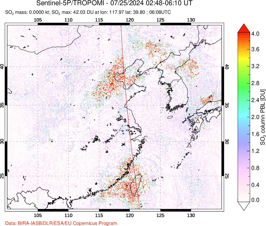 A sulfur dioxide image over Eastern China on Jul 25, 2024.