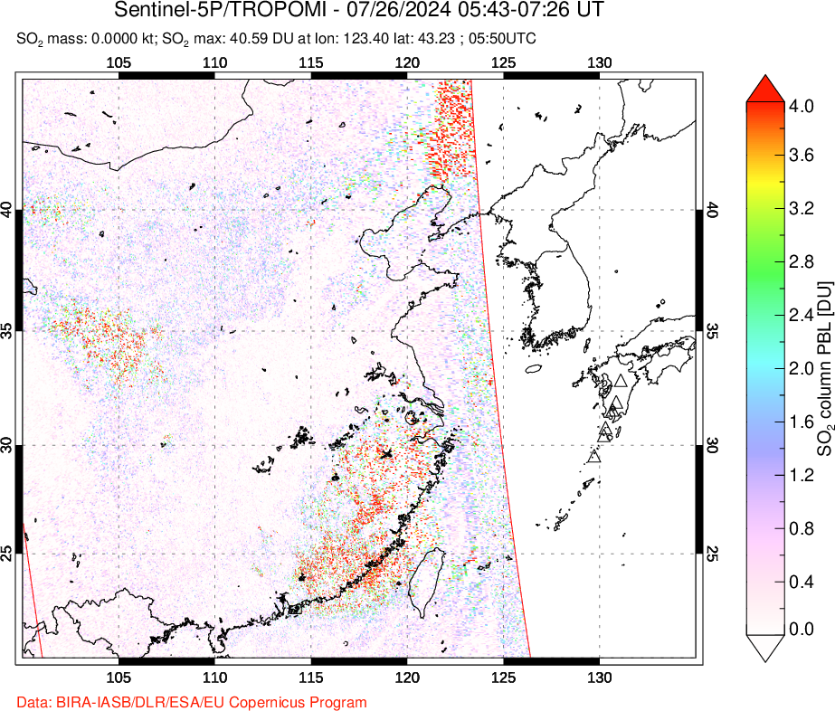 A sulfur dioxide image over Eastern China on Jul 26, 2024.