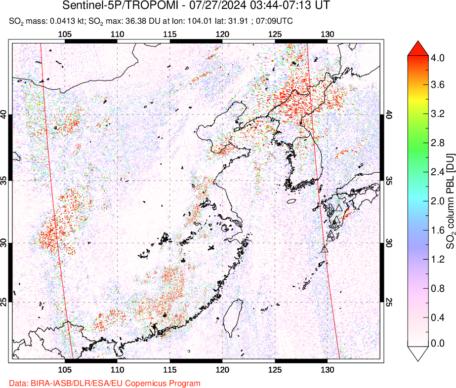 A sulfur dioxide image over Eastern China on Jul 27, 2024.