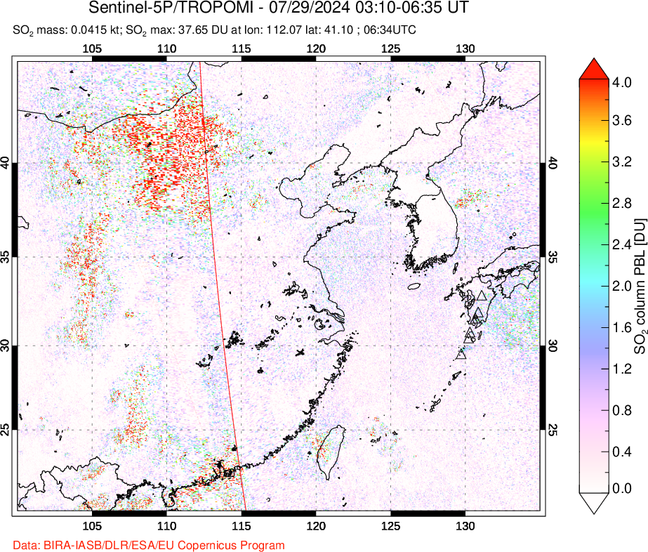 A sulfur dioxide image over Eastern China on Jul 29, 2024.