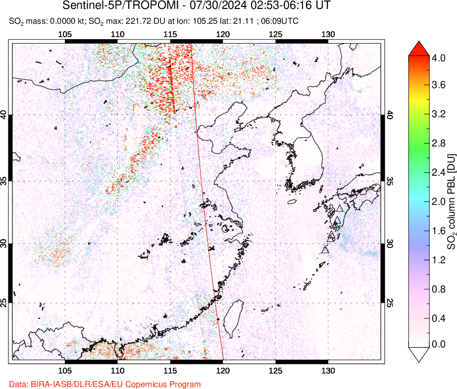 A sulfur dioxide image over Eastern China on Jul 30, 2024.