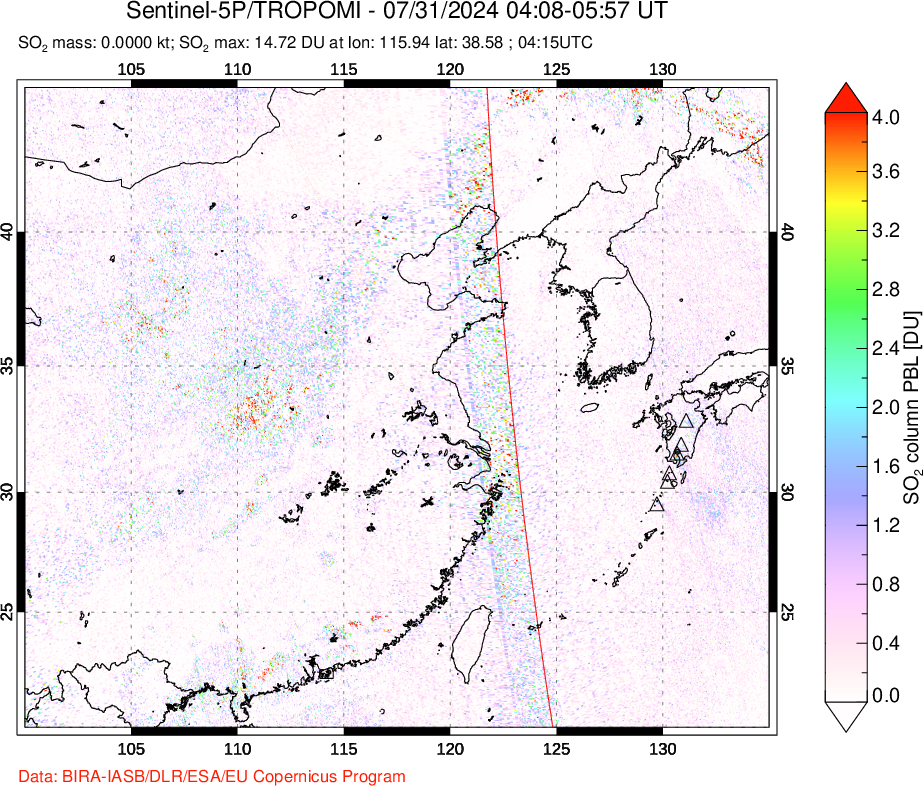 A sulfur dioxide image over Eastern China on Jul 31, 2024.