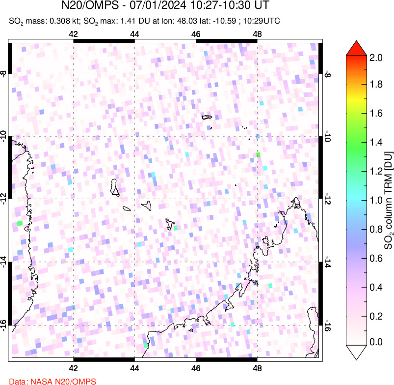 A sulfur dioxide image over Comoro Islands on Jul 01, 2024.