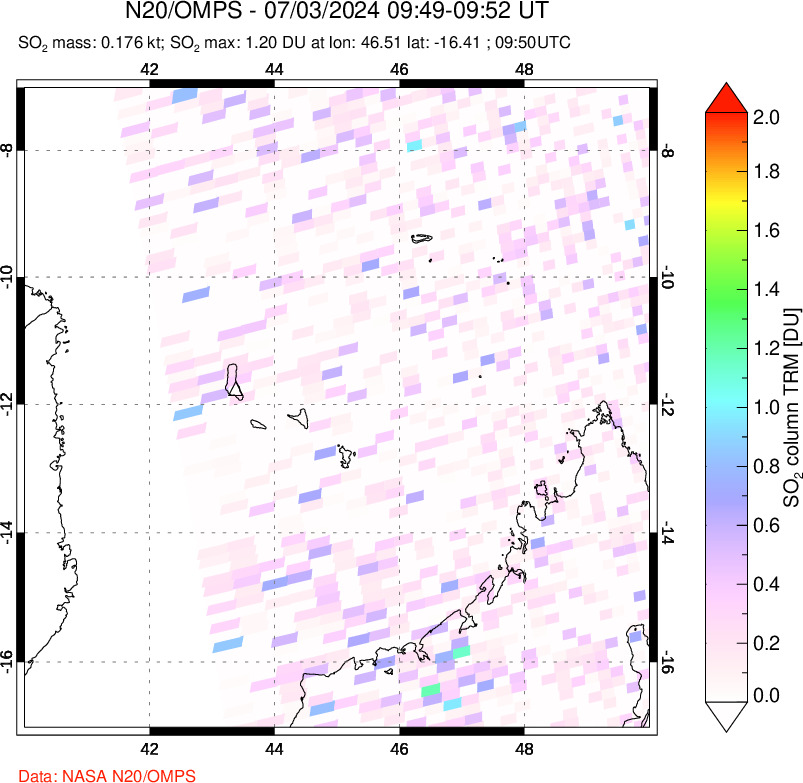 A sulfur dioxide image over Comoro Islands on Jul 03, 2024.