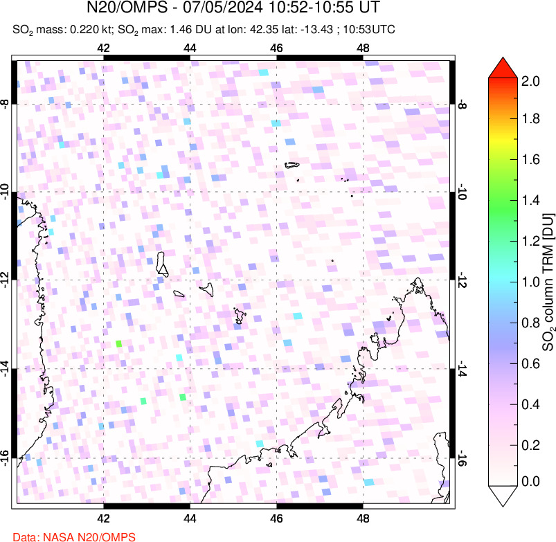 A sulfur dioxide image over Comoro Islands on Jul 05, 2024.