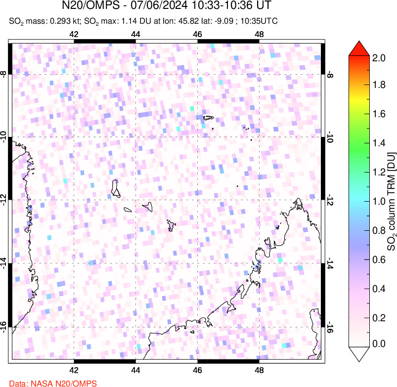 A sulfur dioxide image over Comoro Islands on Jul 06, 2024.