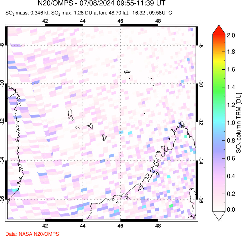 A sulfur dioxide image over Comoro Islands on Jul 08, 2024.