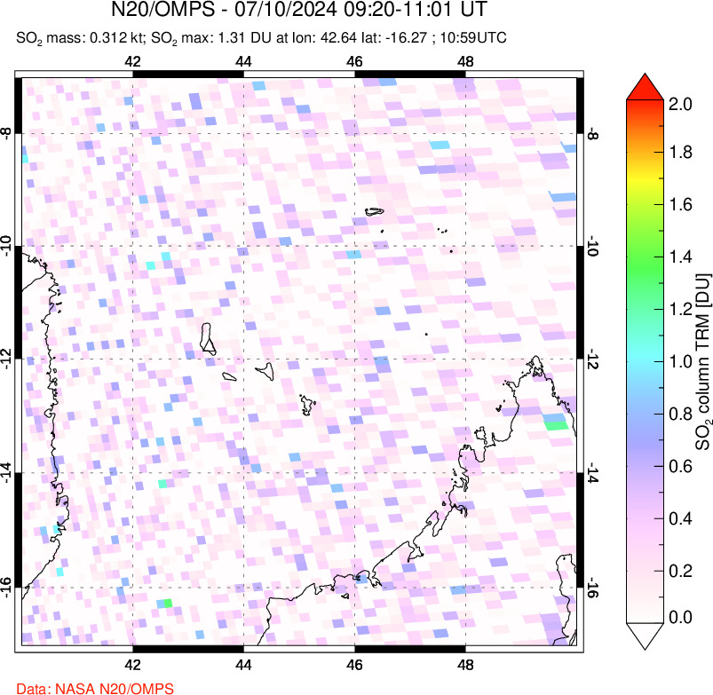 A sulfur dioxide image over Comoro Islands on Jul 10, 2024.