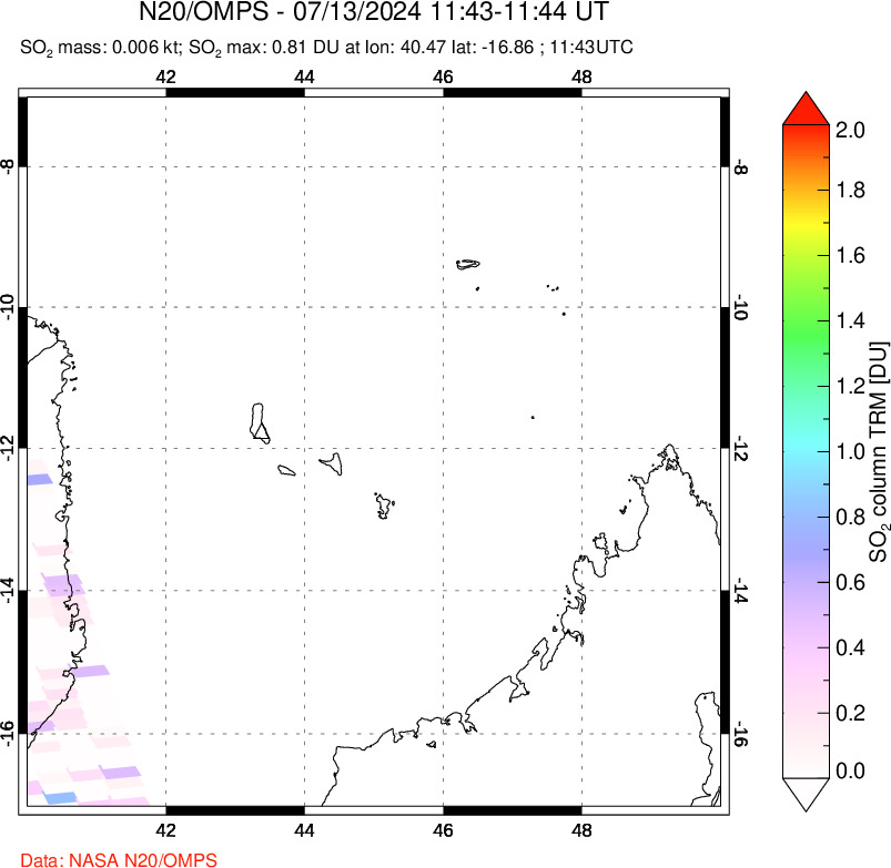 A sulfur dioxide image over Comoro Islands on Jul 13, 2024.