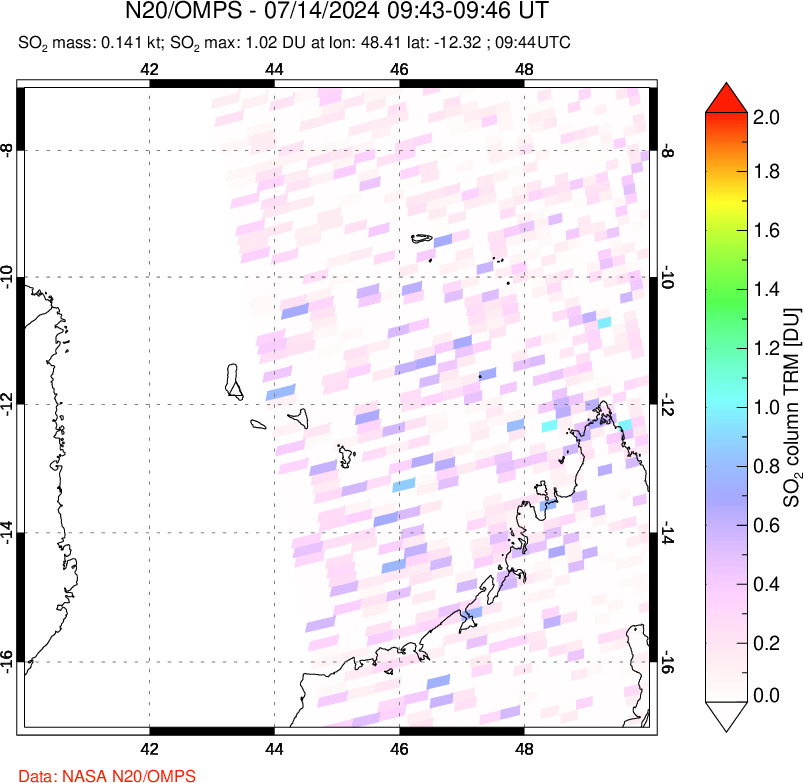 A sulfur dioxide image over Comoro Islands on Jul 14, 2024.