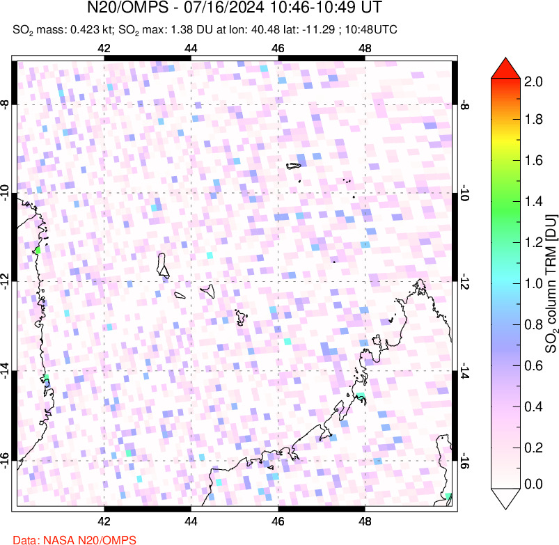 A sulfur dioxide image over Comoro Islands on Jul 16, 2024.