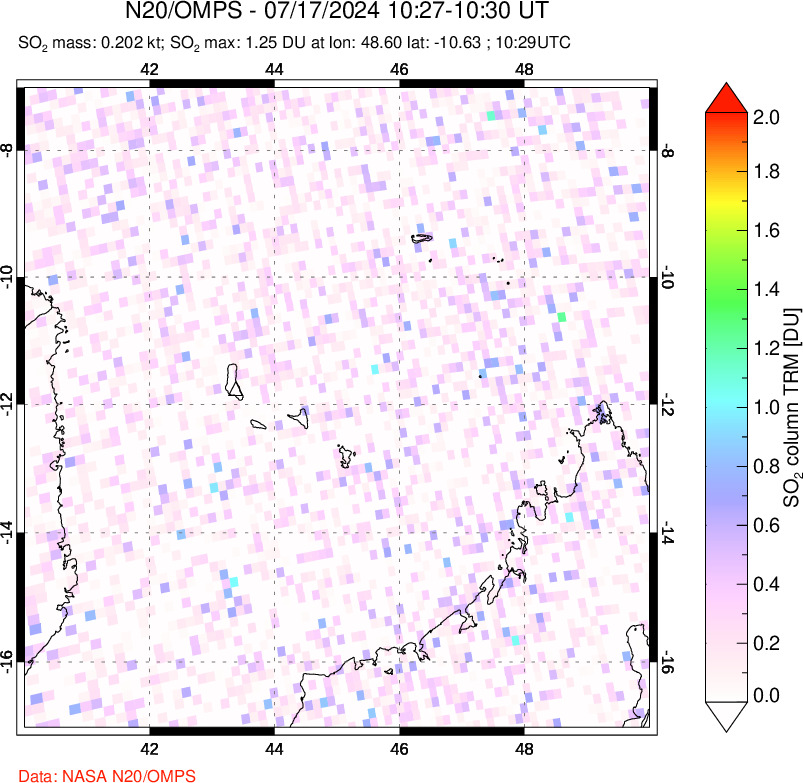 A sulfur dioxide image over Comoro Islands on Jul 17, 2024.