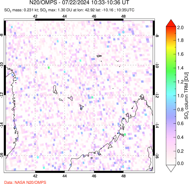 A sulfur dioxide image over Comoro Islands on Jul 22, 2024.