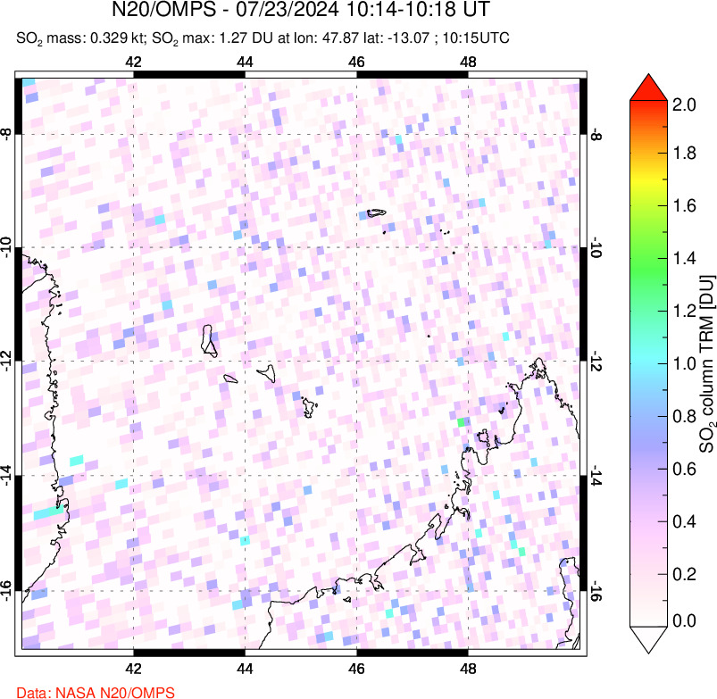 A sulfur dioxide image over Comoro Islands on Jul 23, 2024.