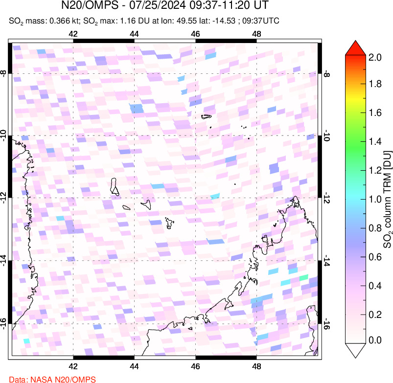 A sulfur dioxide image over Comoro Islands on Jul 25, 2024.