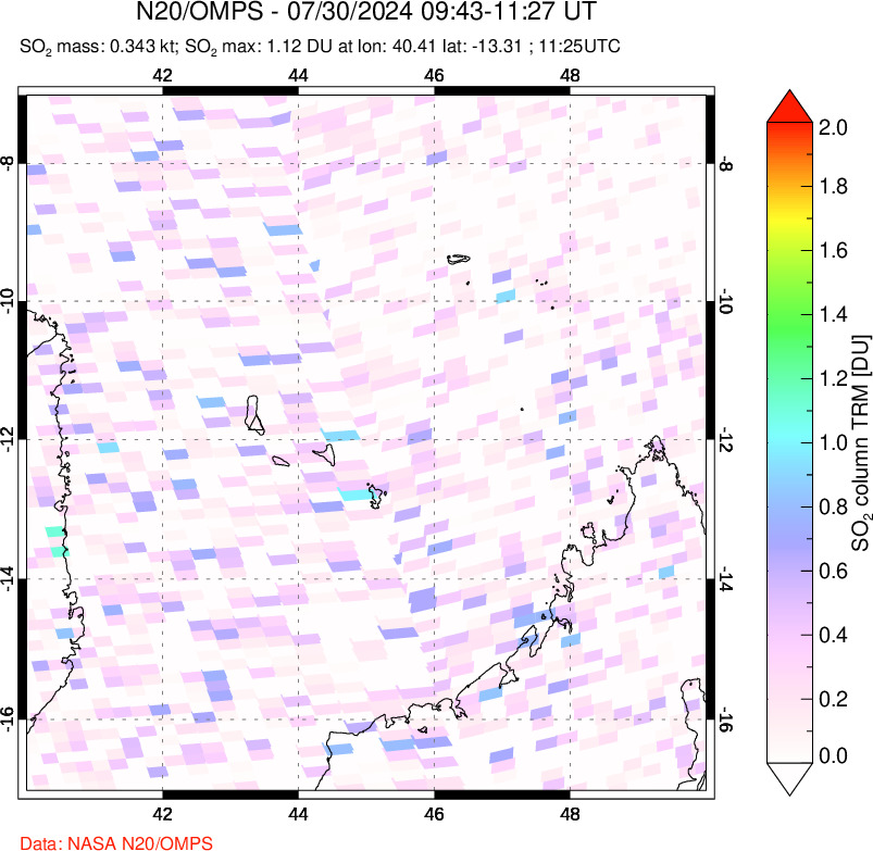 A sulfur dioxide image over Comoro Islands on Jul 30, 2024.