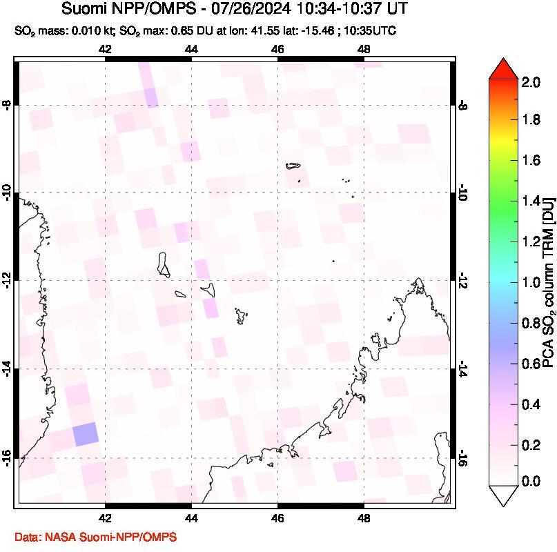 A sulfur dioxide image over Comoro Islands on Jul 26, 2024.