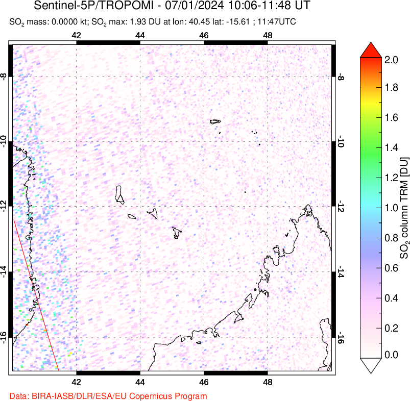 A sulfur dioxide image over Comoro Islands on Jul 01, 2024.