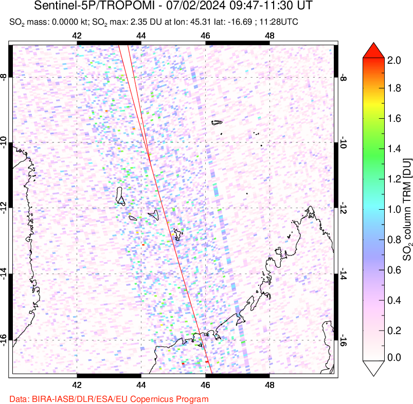 A sulfur dioxide image over Comoro Islands on Jul 02, 2024.