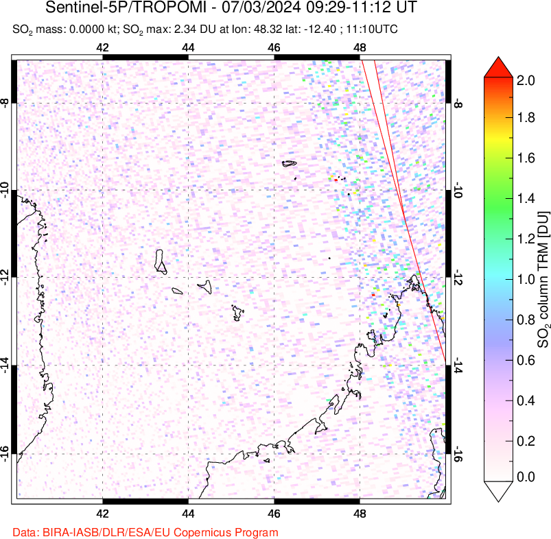 A sulfur dioxide image over Comoro Islands on Jul 03, 2024.