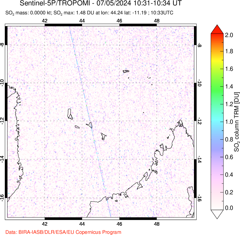 A sulfur dioxide image over Comoro Islands on Jul 05, 2024.