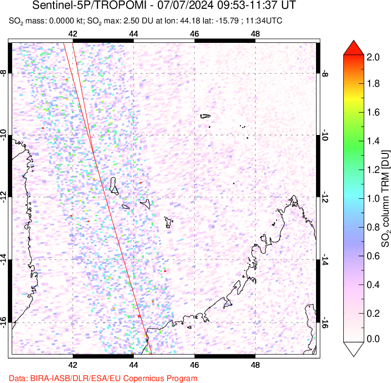 A sulfur dioxide image over Comoro Islands on Jul 07, 2024.