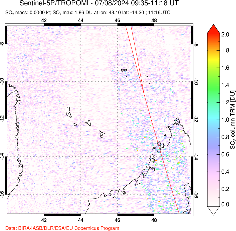 A sulfur dioxide image over Comoro Islands on Jul 08, 2024.