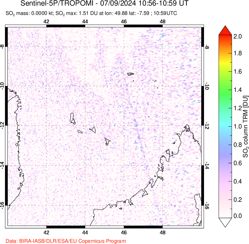 A sulfur dioxide image over Comoro Islands on Jul 09, 2024.