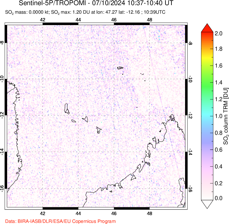 A sulfur dioxide image over Comoro Islands on Jul 10, 2024.