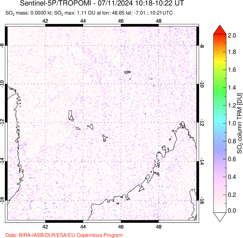 A sulfur dioxide image over Comoro Islands on Jul 11, 2024.