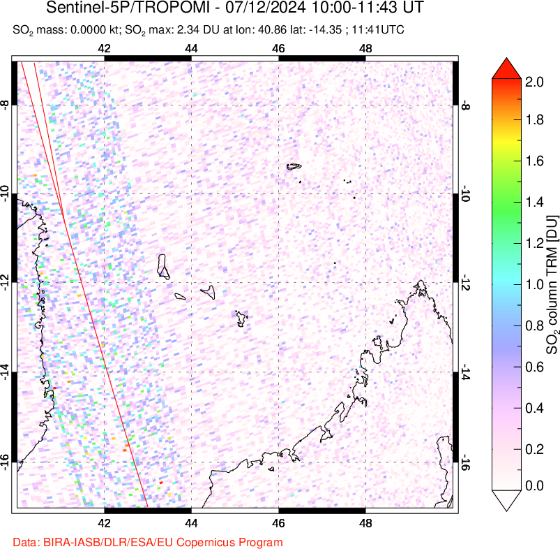 A sulfur dioxide image over Comoro Islands on Jul 12, 2024.