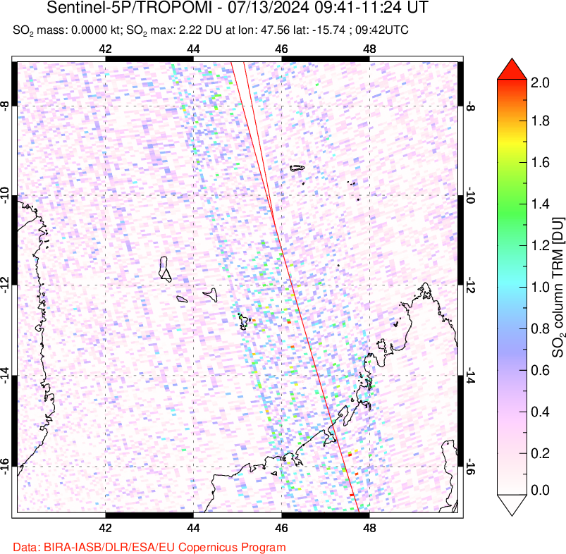 A sulfur dioxide image over Comoro Islands on Jul 13, 2024.