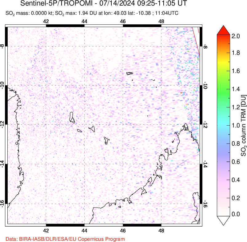 A sulfur dioxide image over Comoro Islands on Jul 14, 2024.