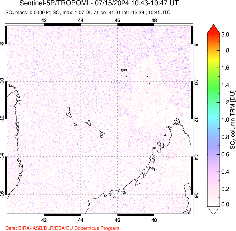 A sulfur dioxide image over Comoro Islands on Jul 15, 2024.