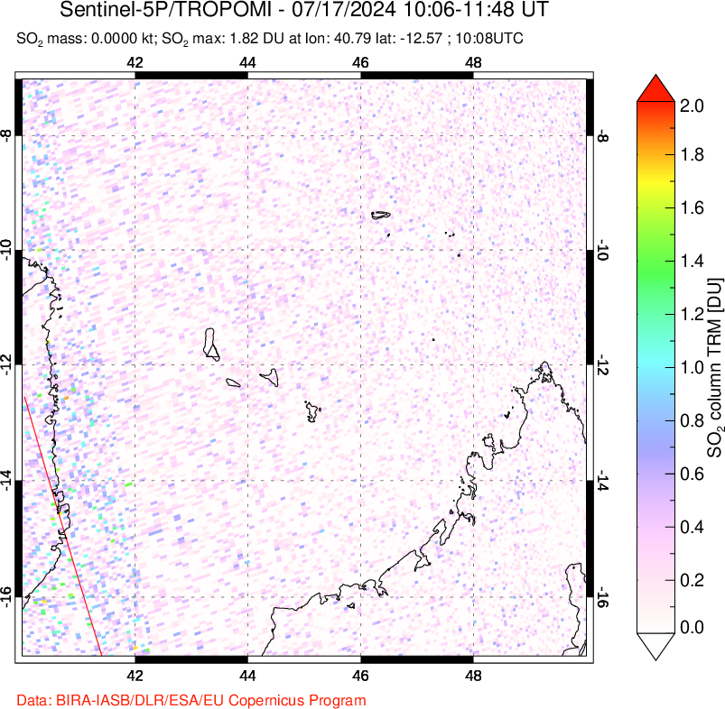 A sulfur dioxide image over Comoro Islands on Jul 17, 2024.