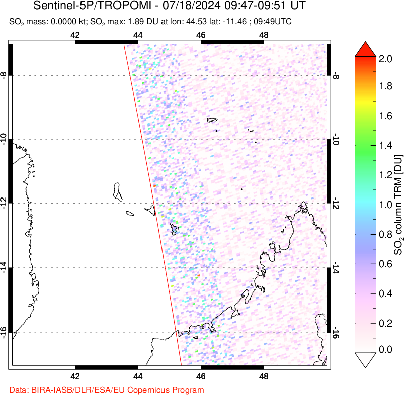 A sulfur dioxide image over Comoro Islands on Jul 18, 2024.