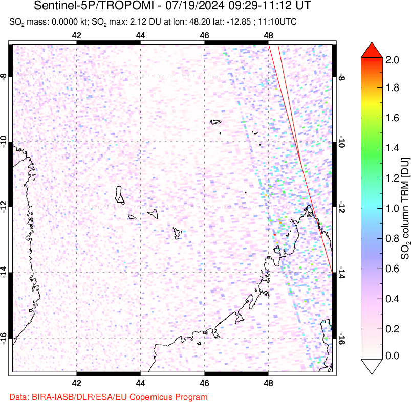 A sulfur dioxide image over Comoro Islands on Jul 19, 2024.