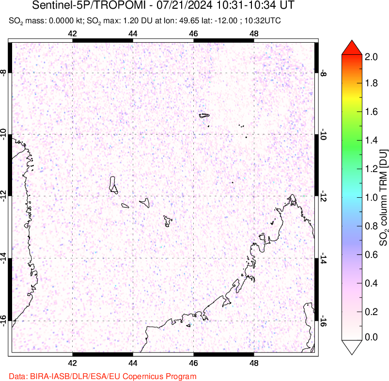 A sulfur dioxide image over Comoro Islands on Jul 21, 2024.