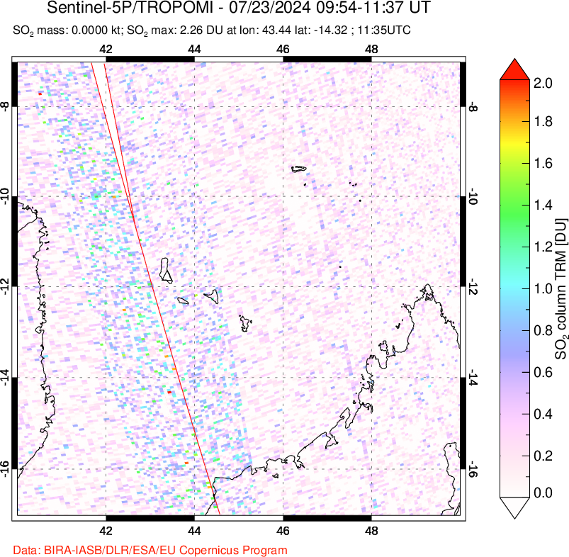 A sulfur dioxide image over Comoro Islands on Jul 23, 2024.