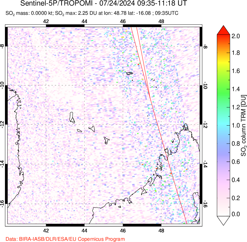 A sulfur dioxide image over Comoro Islands on Jul 24, 2024.