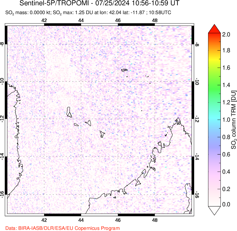 A sulfur dioxide image over Comoro Islands on Jul 25, 2024.