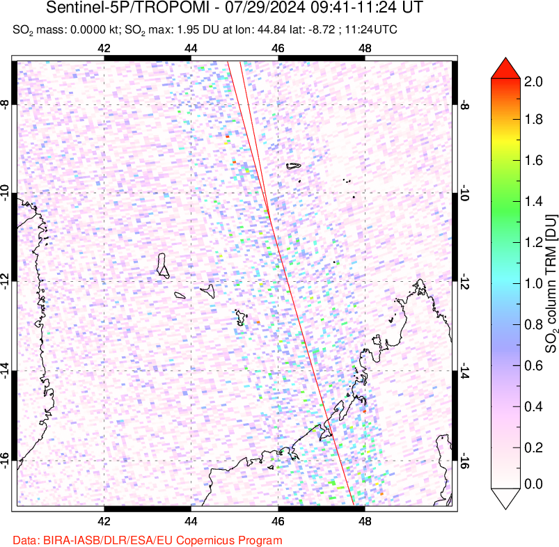 A sulfur dioxide image over Comoro Islands on Jul 29, 2024.