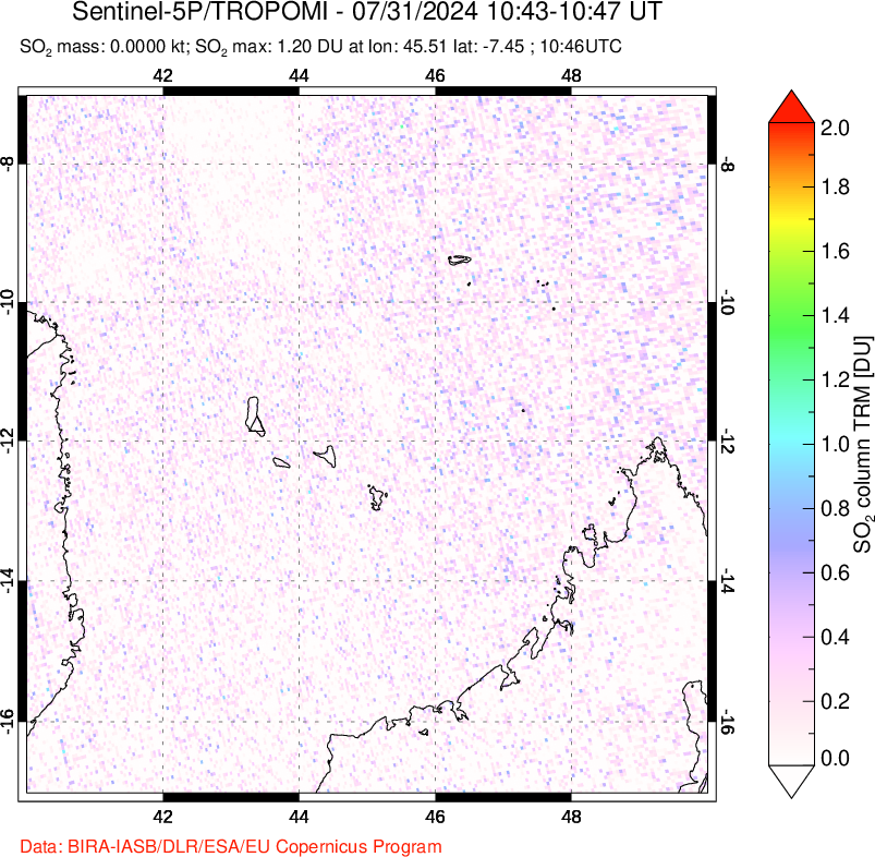 A sulfur dioxide image over Comoro Islands on Jul 31, 2024.