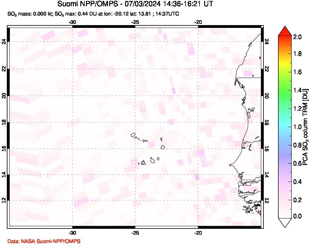 A sulfur dioxide image over Cape Verde Islands on Jul 03, 2024.