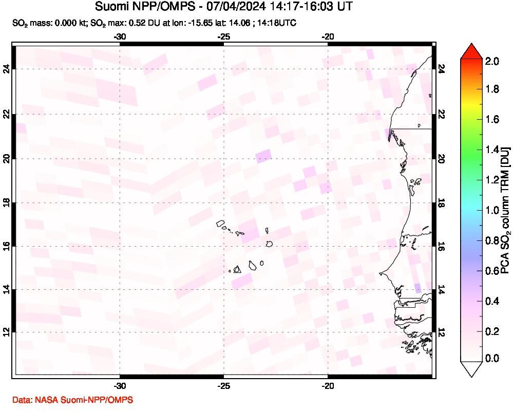 A sulfur dioxide image over Cape Verde Islands on Jul 04, 2024.