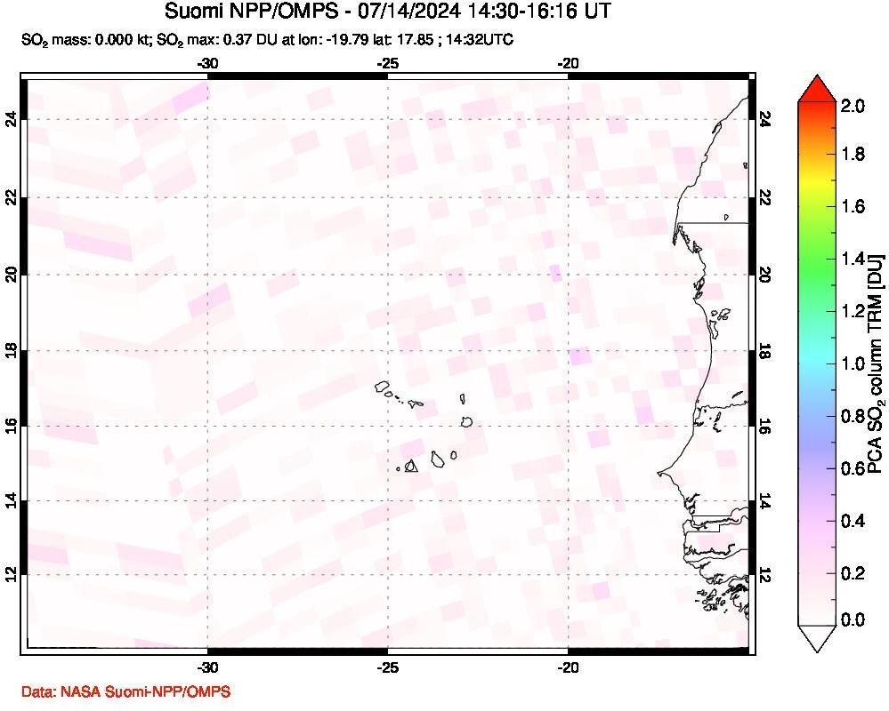 A sulfur dioxide image over Cape Verde Islands on Jul 14, 2024.