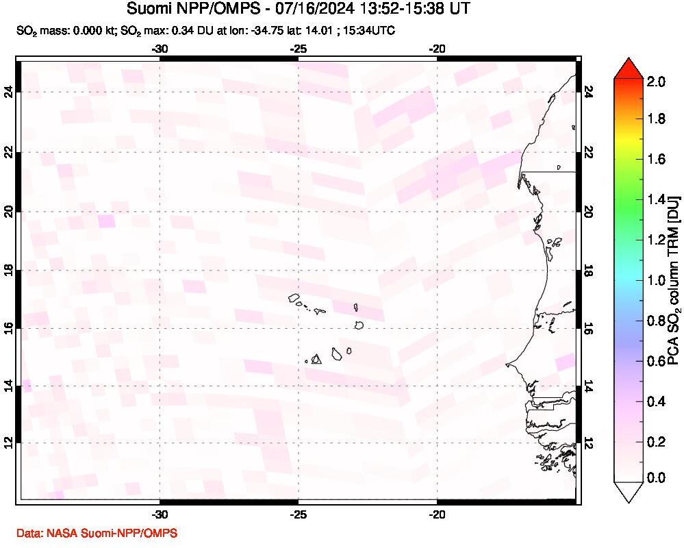 A sulfur dioxide image over Cape Verde Islands on Jul 16, 2024.