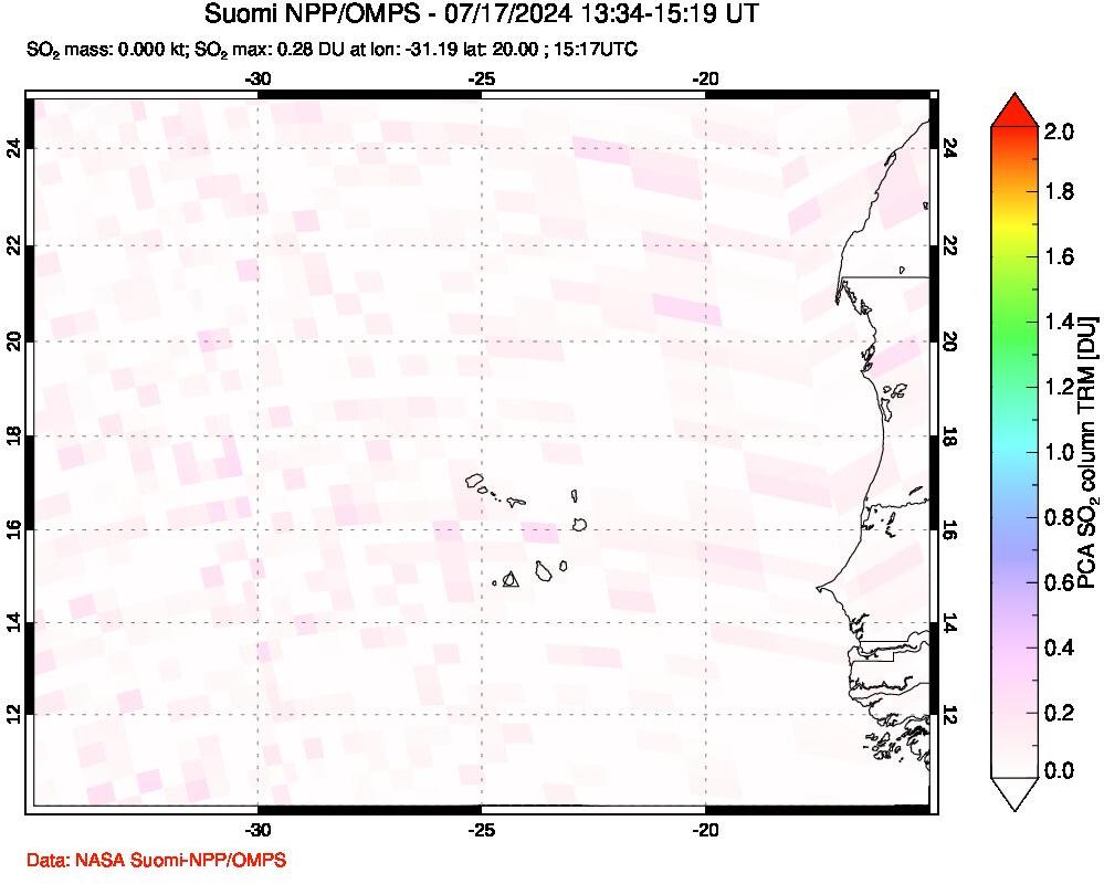 A sulfur dioxide image over Cape Verde Islands on Jul 17, 2024.